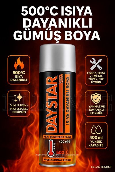 ellante 500°C Isıya Dayanıklı Gümüş Sprey Boya – Egzoz, Soba ve Metal Yüzeyler İçin Yanmaz Boya (400 ml)