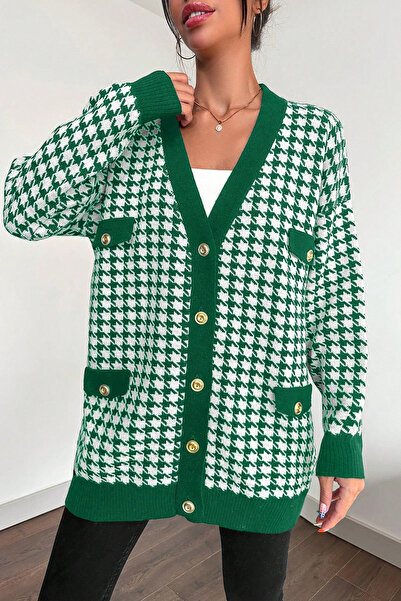 H&E LUXURY DESIGN Women's Stylish Houndstooth Pattern Soft Textured Oversize Buttoned Cardigan