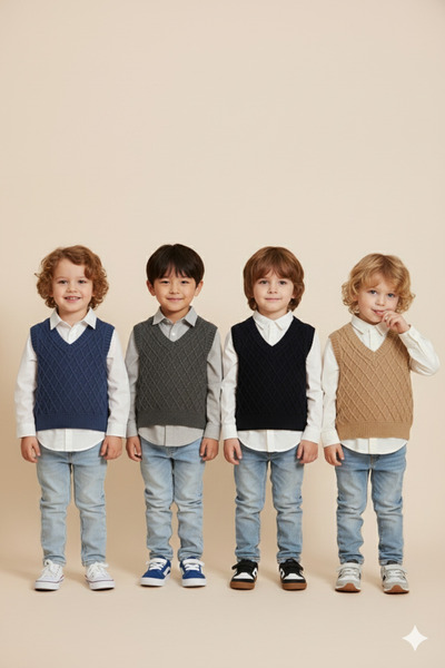 Nimini Kids Preschool Nursery Kindergarten V-Neck Diamond Pattern Knitwear Baby Boy Children's Sweater (0-5 Years Old)