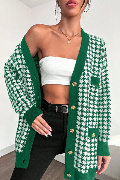 H&E LUXURY DESIGN Women's Stylish Houndstooth Pattern Soft Textured Oversize Buttoned Cardigan