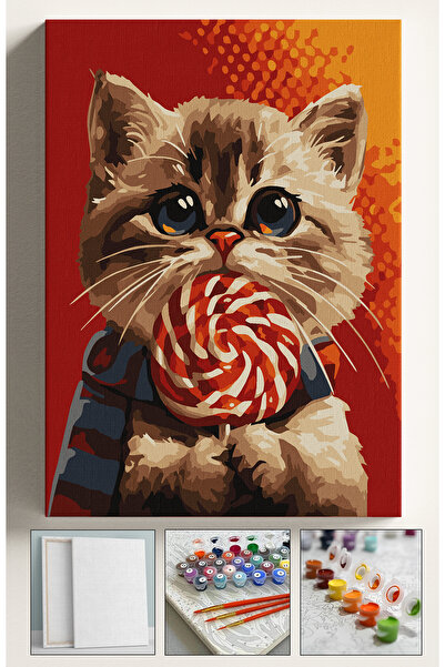 Sulepas Sayılarla Boyama Seti Numaralı Tuval Fırça Boya 40x50 Cm Şekerci Kedi