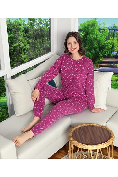 Aydoğan Pure Serisi Fuşya Çiçekli Napoli Pijama Takımı Uzun Kol