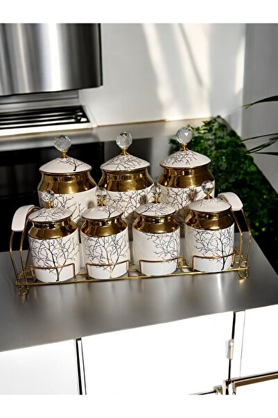 RİVO HOME DECOR طقم برطمان بهارات مع حامل بورسلين 7 قطع