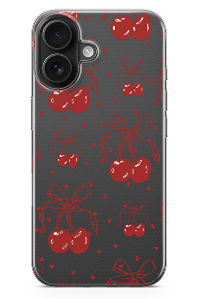 moonset Iphone 17 Uyumlu Kiraz ve Kalpler Tasarımlı Baskılı Şeffaf Telefon Kı...