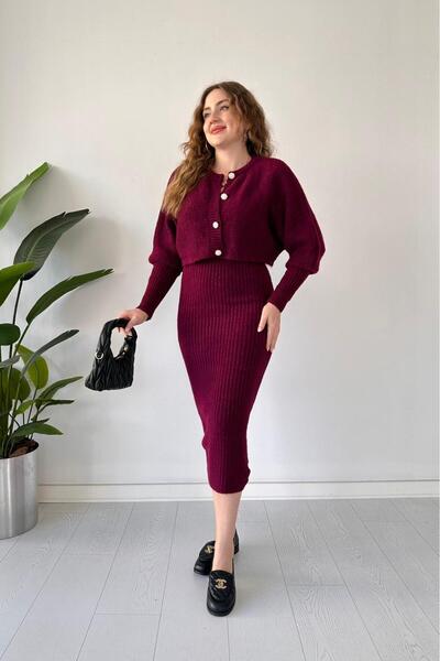 MaziButik Stone Buttoned Cardigan-Dress Set Burgundy