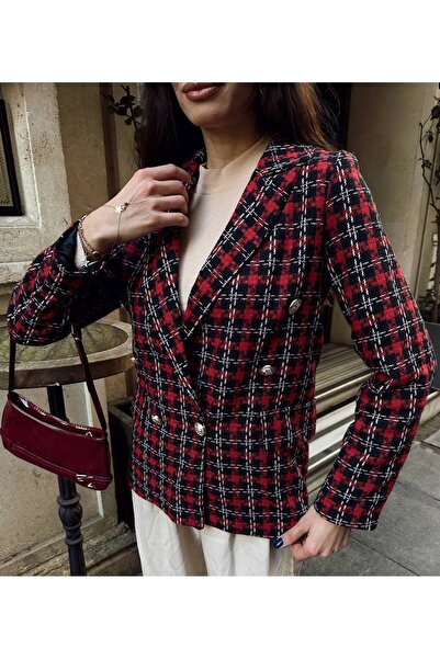 rengamoda سترة نسائية من قماش التويد بتفاصيل أزرار وجيب من فليتو مبطنة