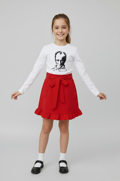 FATELLA Girl's White Long Sleeve Ataturk T-Shirt Red Ruffled Skirt April 23 O...