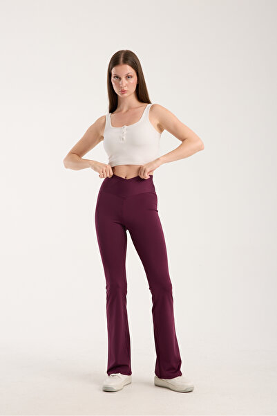 MAXFIT Women's Spanish Leg Flare Plum High Waist Cross Belt Leggings Pants Flare