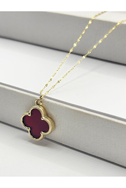 DİAMİNE PIRLANTA 14 Ayar altın Büyük Bordo Taşlı Yonca Kolye