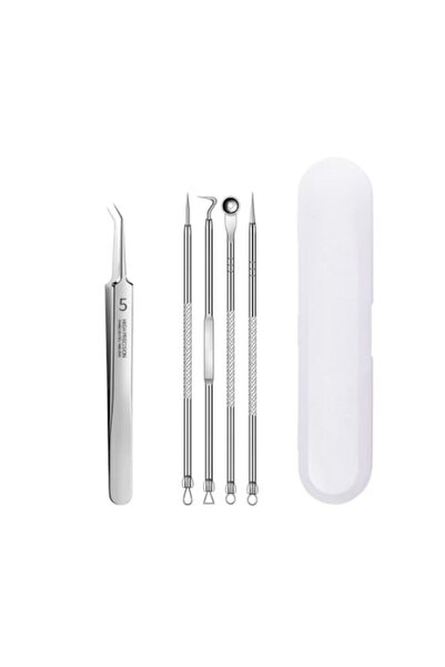 NEO Set 5 Pensete pentru Extractie de Puncte Negre, Comedoane, Acnee, Ustensile Cosmetice din Inox, Meta