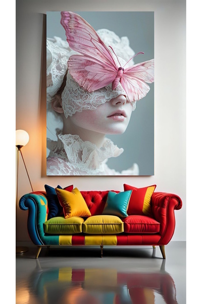 özkacar PEMBE KELEBEK KADIN PORTRE Ev Duvar Salon Güzellik Salonu Ofis Dükkan...