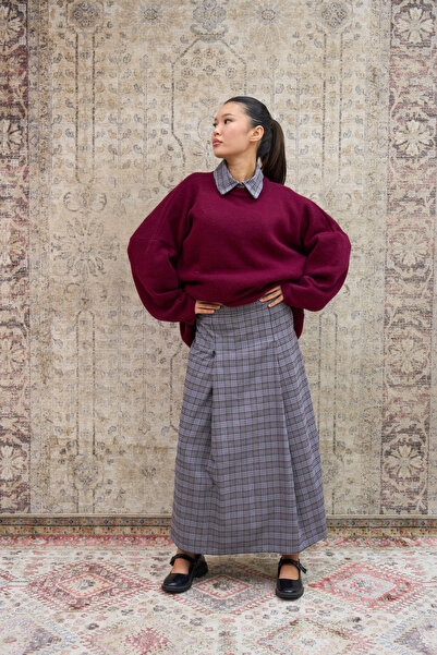 KÜÇÜĞÜM BUTİK Gray Striped Plaid Pleated Skirt