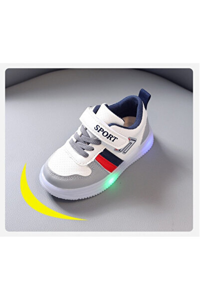 Bebelul Adidasi albi cu gri, rosu si bleumarine cu luminite