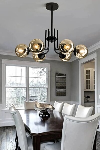 Uçar Modern Idil BEYAZ Kapalı Camlı Siyah Kasa L 6LI SALON OTURMA ODASI Altılı Avize