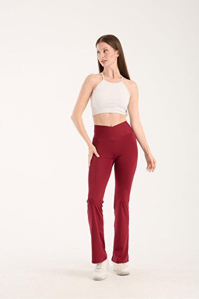 MAXFIT Women's Spanish Leg Flare Burgundy High Waist Cross Belt Leggings Pants Flare