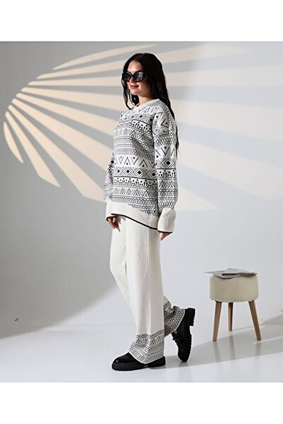 mefru Women's Sweater Pants Ethnic Pattern Bottom Top Two-Piece Knitwear Set