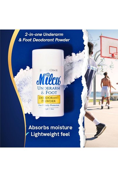 Milcu Powder Deodorant for Underarms and Feet, 40g, Unscented, Unisex