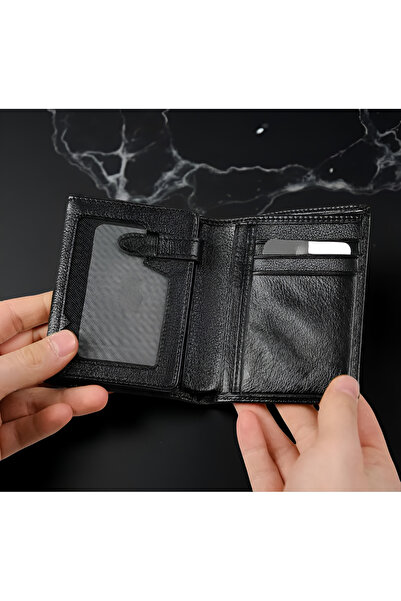 MODA Hakiki Deri Siyah Erkek Cüzdan – 9 Kart Yuvalı, Şeffaf Gözlü, Gizli Bölmeli