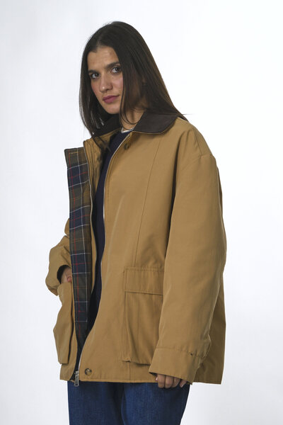 ABBRA Kadın Kadife Yakalı Ekose Astarlı Trenç