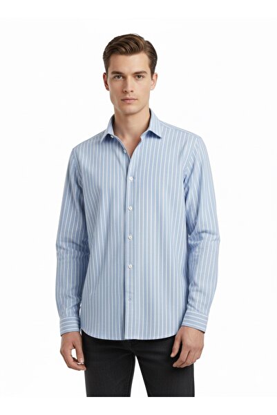 BGSwear Açık Mavi İnce Çizgili Klasik Yaka Şık Gömlek