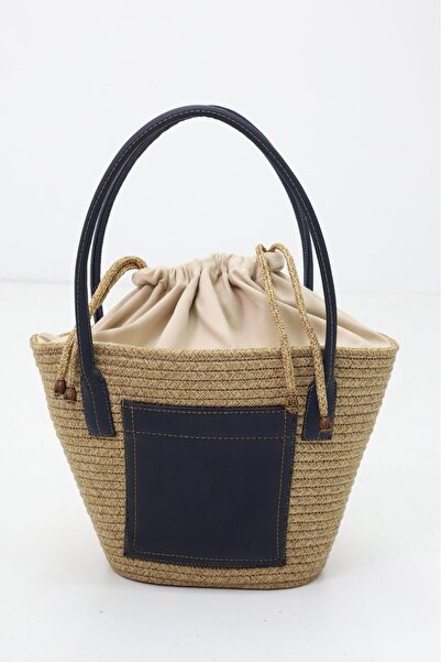 NEŞELİ HOME Jutty Kadın Lacivert Detaylı Hasır Örgü El ve Omuz Çantası - Büzgülü Kapaklı Şık Günlük Çanta