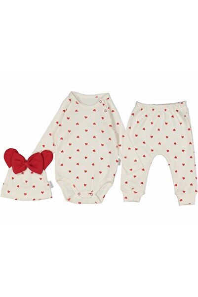 Miniworld Compleu fetite 3 piese din bumbac, model inimioare, varsta 9-12 luni, 80 cm, Alb