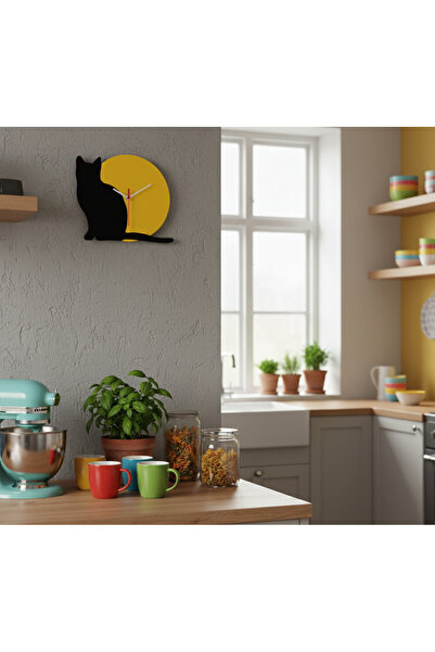 Keneth Sun & Cat Dekoratif Duvar Saati | Tamamen Sessiz Kedi Ve Güneş Özel Ta...