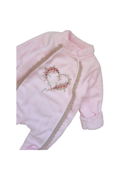 Miniworld Combinezon fetite cu botosei din catifea, captusit pe interior, aplicatii cu dantela,varsta 6-9 luni