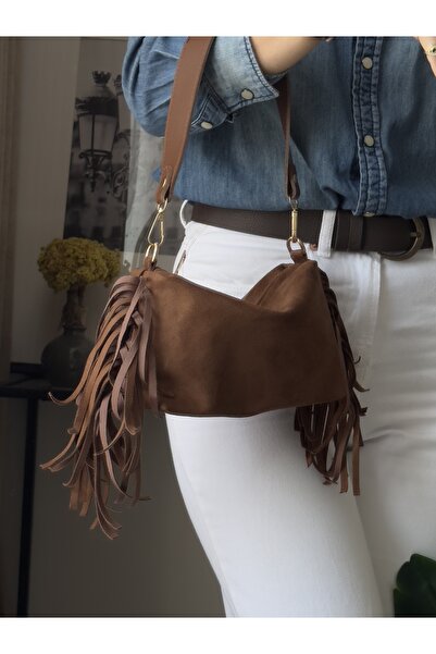 mèche atelier since 2024 Püsküllü Süet Kadın El ve Omuz Çantası Taba