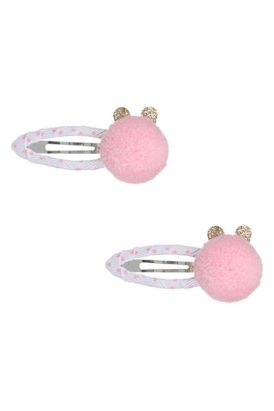 ANTBRO Set 2 agrafe de păr pentru copii Antbro® 3D Albe cu buline roz, pompon cu urechi și sclipici auriu