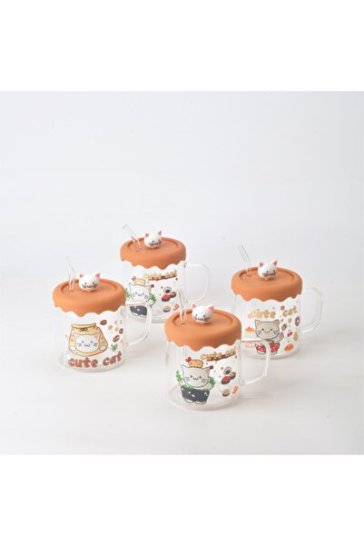 TİTANEV PINTEREST CAM PİPETLİ SİLİKON KAPAKLI KEDİLİ KUPA 1 ADET ÇOCUK-YETİŞKİN-HEDİYELİK 500ML