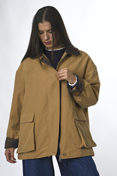 ABBRA Kadın Kadife Yakalı Ekose Astarlı Trenç