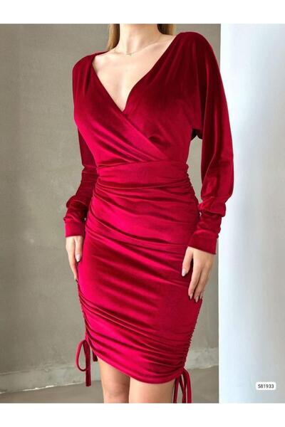 Modafeminen Drapeli Double Breasted Collar Mini Length Velvet Fabric Evening Dress 581933 Red