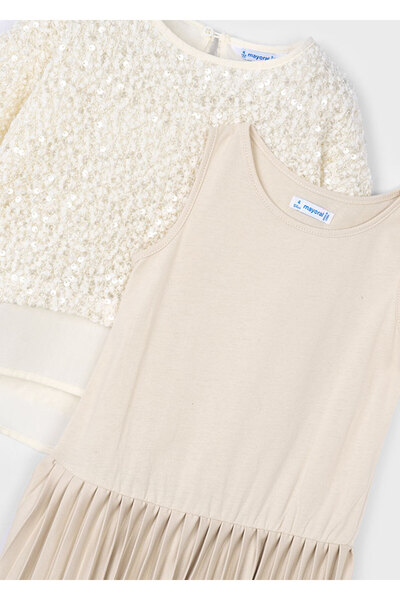 MAYORAL Girl's Suspender Dress and Sweater Set (4-10 Years) – Beige Pleated Dress, Sequined Sweater