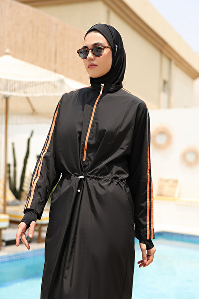 BAE SWIMWEAR Hayaa+ Black with Orange Stripes Extra Long Full Coverage Muslim Burkini Swimsuit