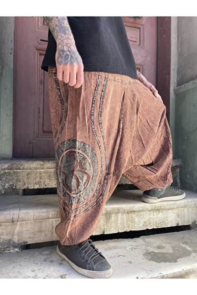 Bohoyasam Unisex Bohem Nepal Şalvar Pantolon – Salaş Taşlanmış Kumaş, Aum Desenli, Bol Pantolon