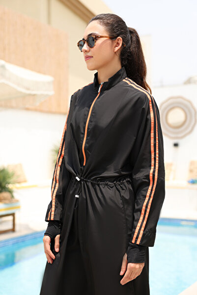 BAE SWIMWEAR Hayaa+ Black with Orange Stripes Extra Long Full Coverage Muslim Burkini Swimsuit