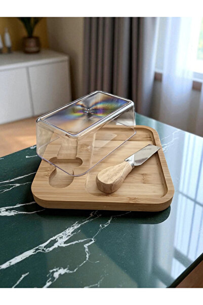 MyBru Doğal Bambu Bıçaklı Peynir ve Tereyağ Servis Sunum Tabağı Plastik Kapaklı Set 3 Parça 18x18 Cm