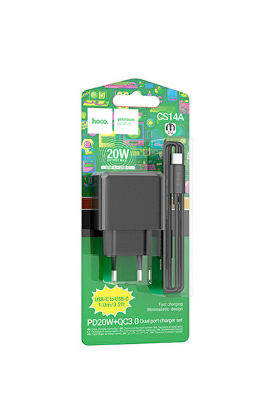 Hoco Network Charger + USB-C Cable, 20W, 1xUSB-C, 1xUSB-A, PD, QC 3.0, BLACK
