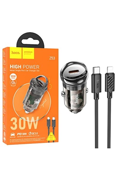 Hoco Încărcător auto + cablu Lightning (Z53), 30W, 1xUSB-C, PD, inel de trage...