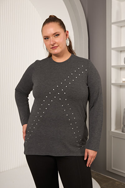 RMG Büyük Beden Geometrik Taşlı Bluz