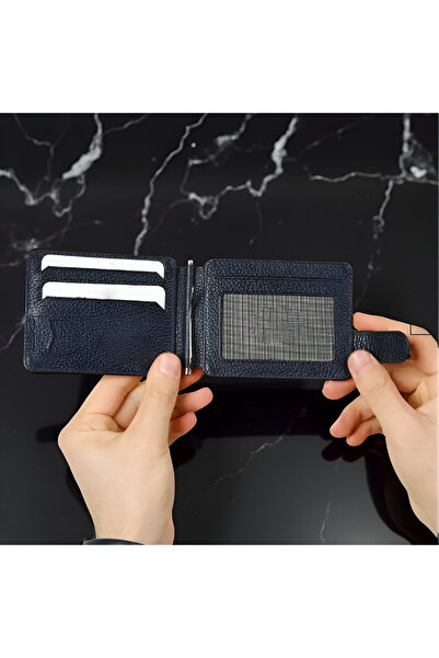 MODA محفظة رجالية من الجلد الطبيعي بنسبة 100% باللون الأزرق الداكن - مع حامل ...