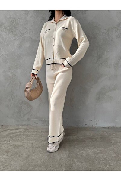 VAJESTO Set de tricotaje din 2 piese pentru femei, bej deschis, cu detaliu în dungi, guler polo, cardigan subțire, pantaloni, cu șireturi în talie