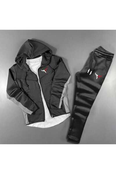 ByFourMan Унісекс-комплект із сіро-чорного скуба з принтом бика, на блискавці та з високим коміром