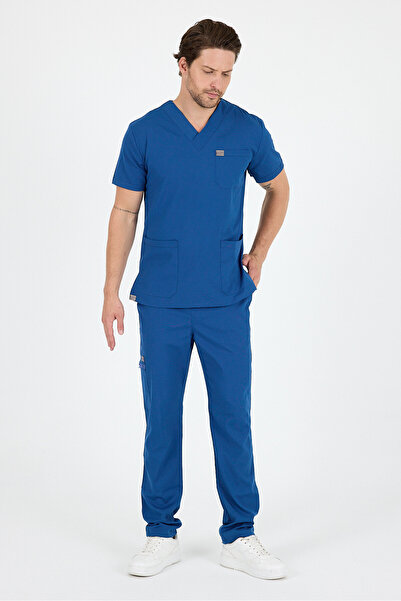 MAZEY UNİFORM زي طبي أزرق نيلي من الفيسكون والليكرا بياقة على شكل V وأكمام وه...