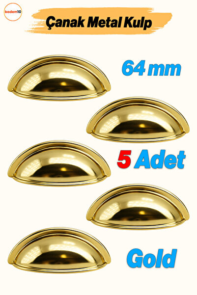 Badem10 Midye Kulp 5 ADET 64 mm Gold Altın Metal Mobilya Çekmece Dolap Kapak Çanak Kulpu Mutfak Kulpları
