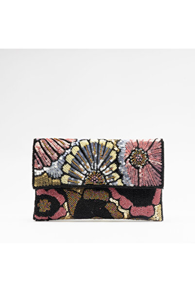 crystalicious Renee Floral Handcrafted Beaded Golden Clutch Brown Bag Eleganc...