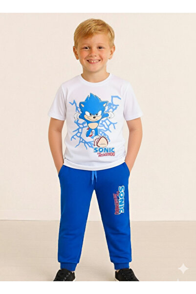 LİTTLE TORTOİSE Erkek Çocuk Sonic Baskılı Uzun Kollu 3 Iplik Kışlık Sweat / Eşofman Takımı ve Tişört 3lü Kombin