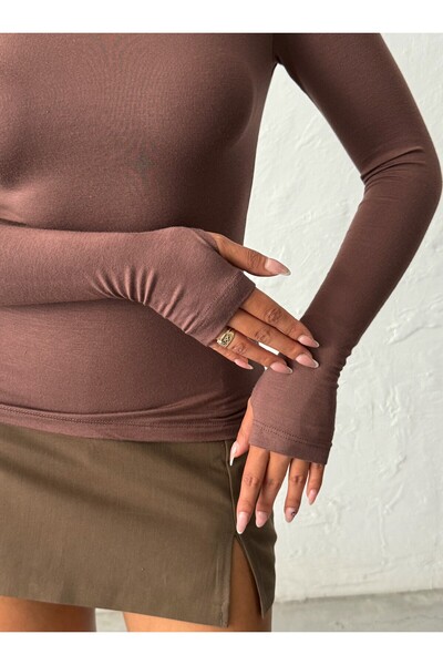 MELA ROSSA Γυναικεία καφέ μπλούζα με ψηλό γιακά από βισκόζη