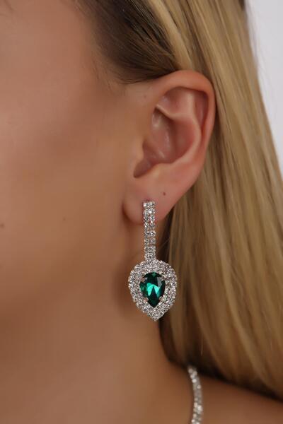 BİJUTERRİ Waterway Green Drop Stone Earrings Bride Women Special Day Accessor...